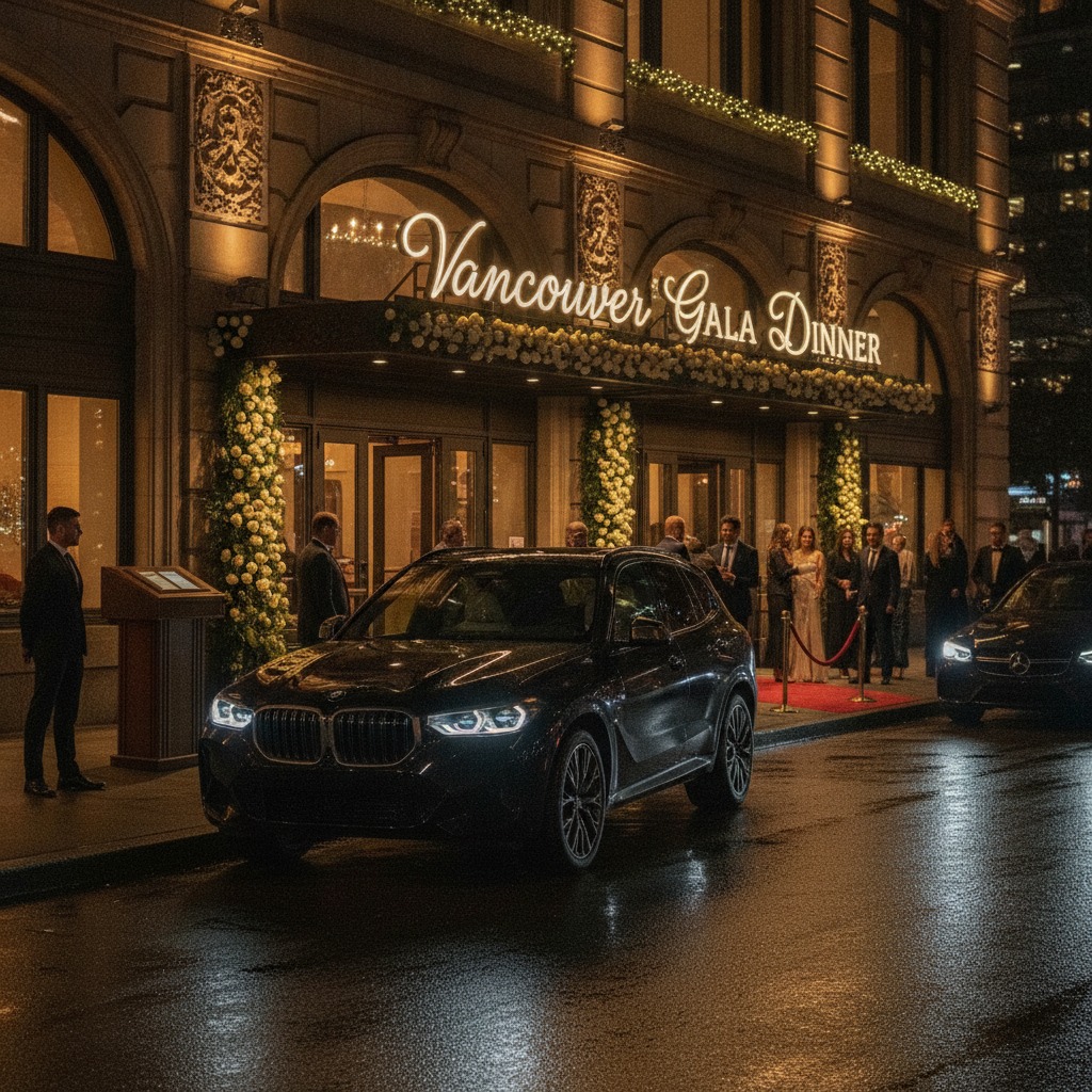 Black BMW XM parked outside elegant Vancouver event venue at night