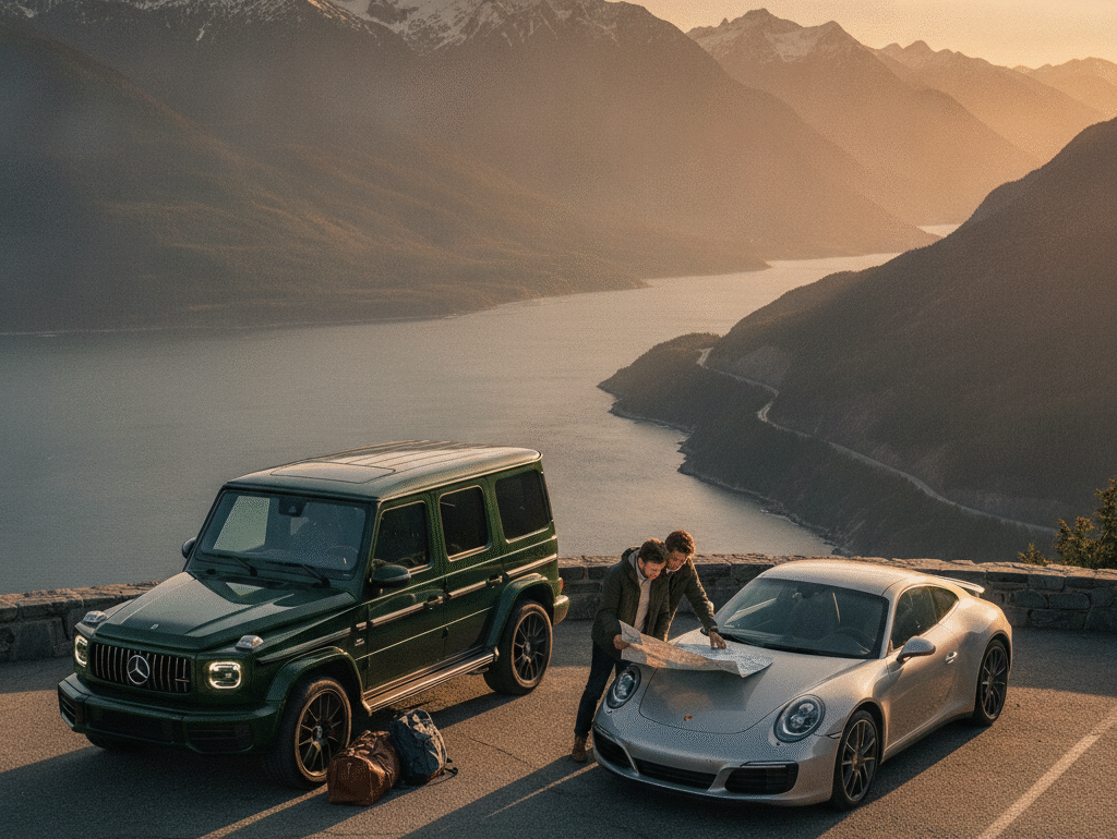 Mercedes G-Class and Porsche 911 parked at a Sea-to-Sky viewpoint at golden hour with a couple planning the route