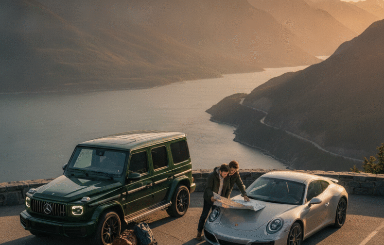 Mercedes G-Class and Porsche 911 parked at a Sea-to-Sky viewpoint at golden hour with a couple planning the route