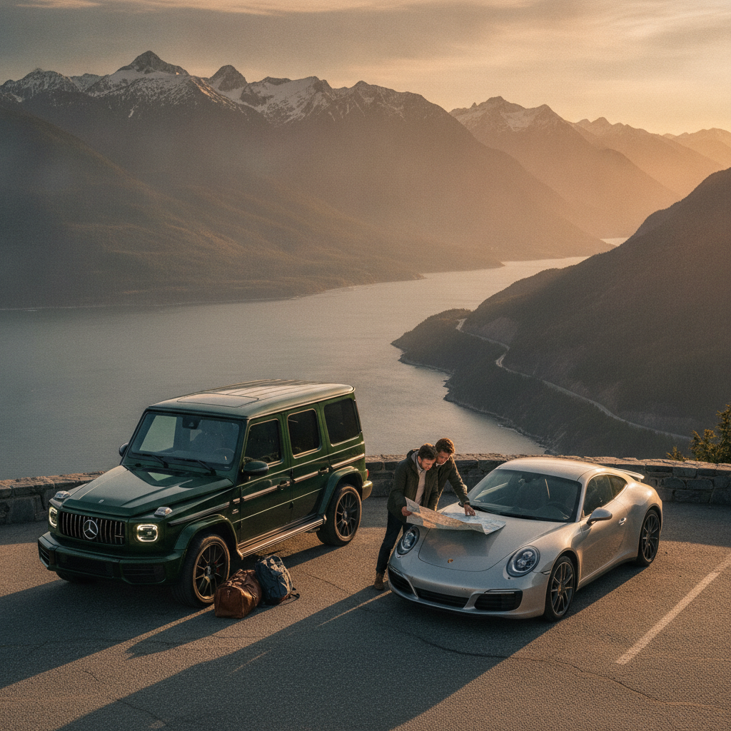 Mercedes G-Class and Porsche 911 parked at a Sea-to-Sky viewpoint at golden hour with a couple planning the route