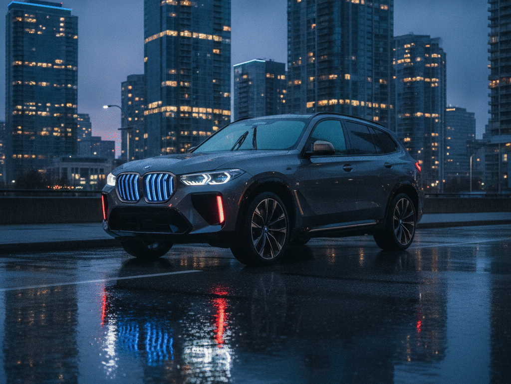 BMW XM hybrid SUV parked on a wet Vancouver street at dusk with illuminated grille