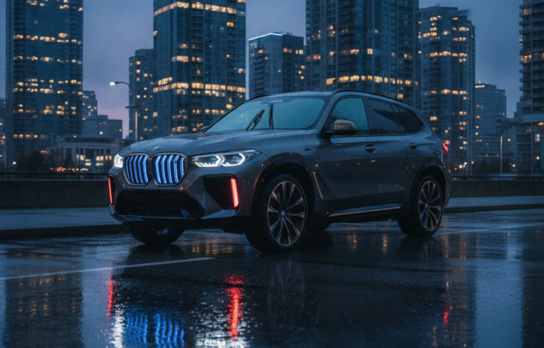 BMW XM hybrid SUV parked on a wet Vancouver street at dusk with illuminated grille