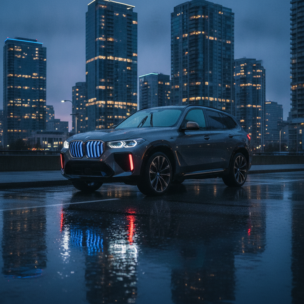 BMW XM hybrid SUV parked on a wet Vancouver street at dusk with illuminated grille