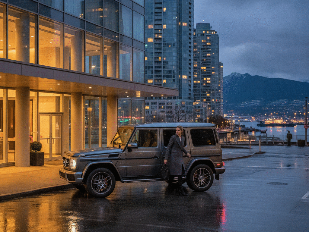 Mercedes G-Class arriving at a downtown Vancouver hotel valet at dusk for business use