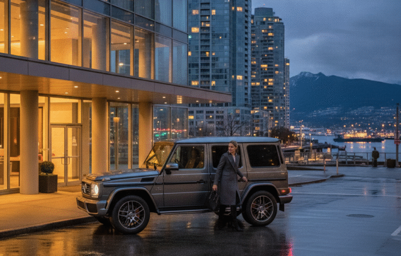 Mercedes G-Class arriving at a downtown Vancouver hotel valet at dusk for business use