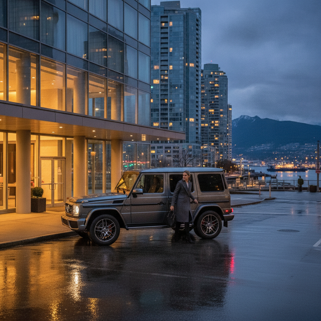 Mercedes G-Class arriving at a downtown Vancouver hotel valet at dusk for business use