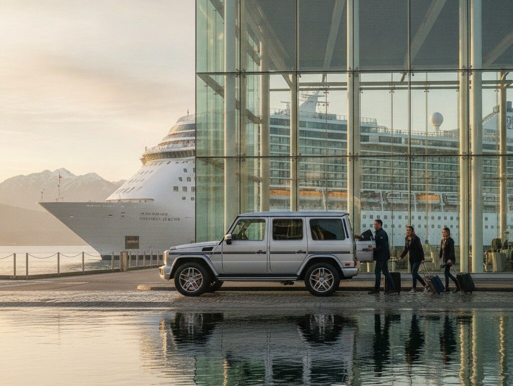 Mercedes G-Class picking up a family with luggage at Canada Place with an Alaska cruise ship docked behind