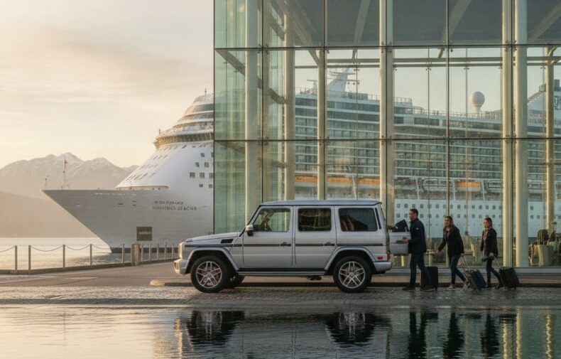 Mercedes G-Class picking up a family with luggage at Canada Place with an Alaska cruise ship docked behind