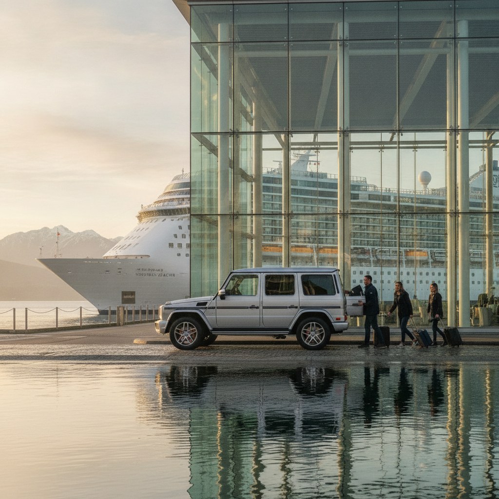 Mercedes G-Class picking up a family with luggage at Canada Place with an Alaska cruise ship docked behind