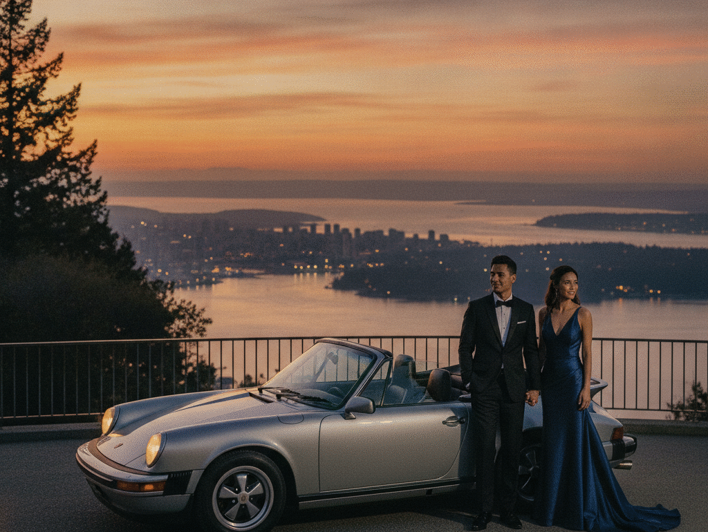 Couple in evening wear beside a top-down Porsche 911 overlooking English Bay at sunset in Vancouver