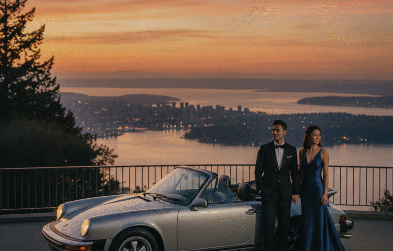 Couple in evening wear beside a top-down Porsche 911 overlooking English Bay at sunset in Vancouver