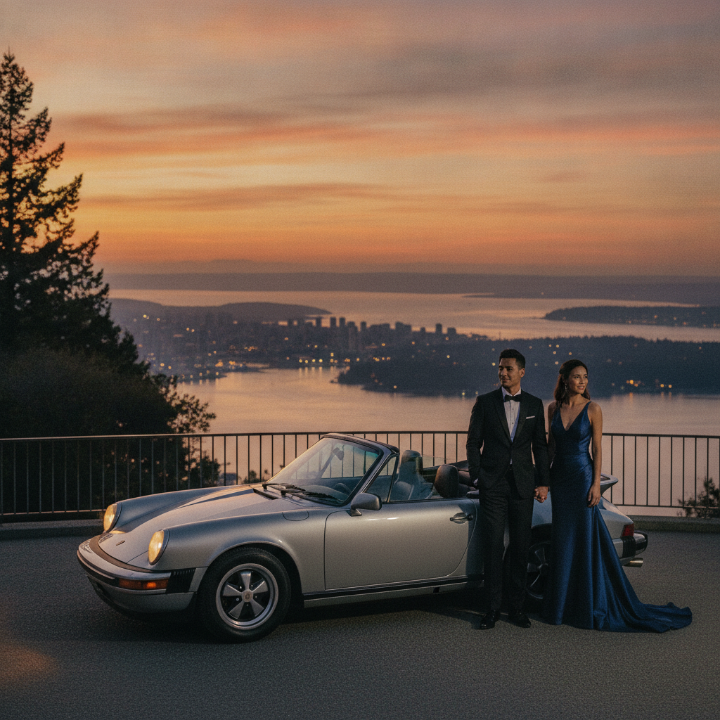 Couple in evening wear beside a top-down Porsche 911 overlooking English Bay at sunset in Vancouver
