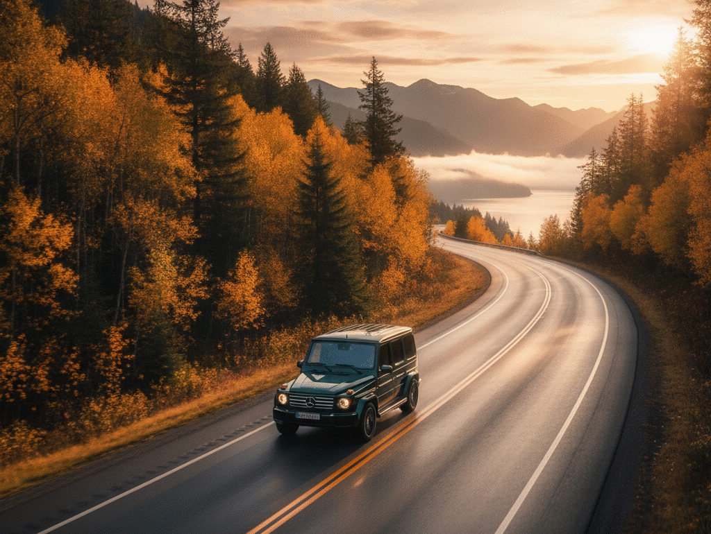 Mercedes G-Class driving the Sea-to-Sky Highway among golden autumn foliage at golden hour