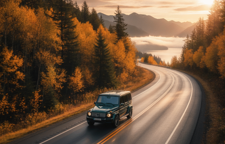 Mercedes G-Class driving the Sea-to-Sky Highway among golden autumn foliage at golden hour