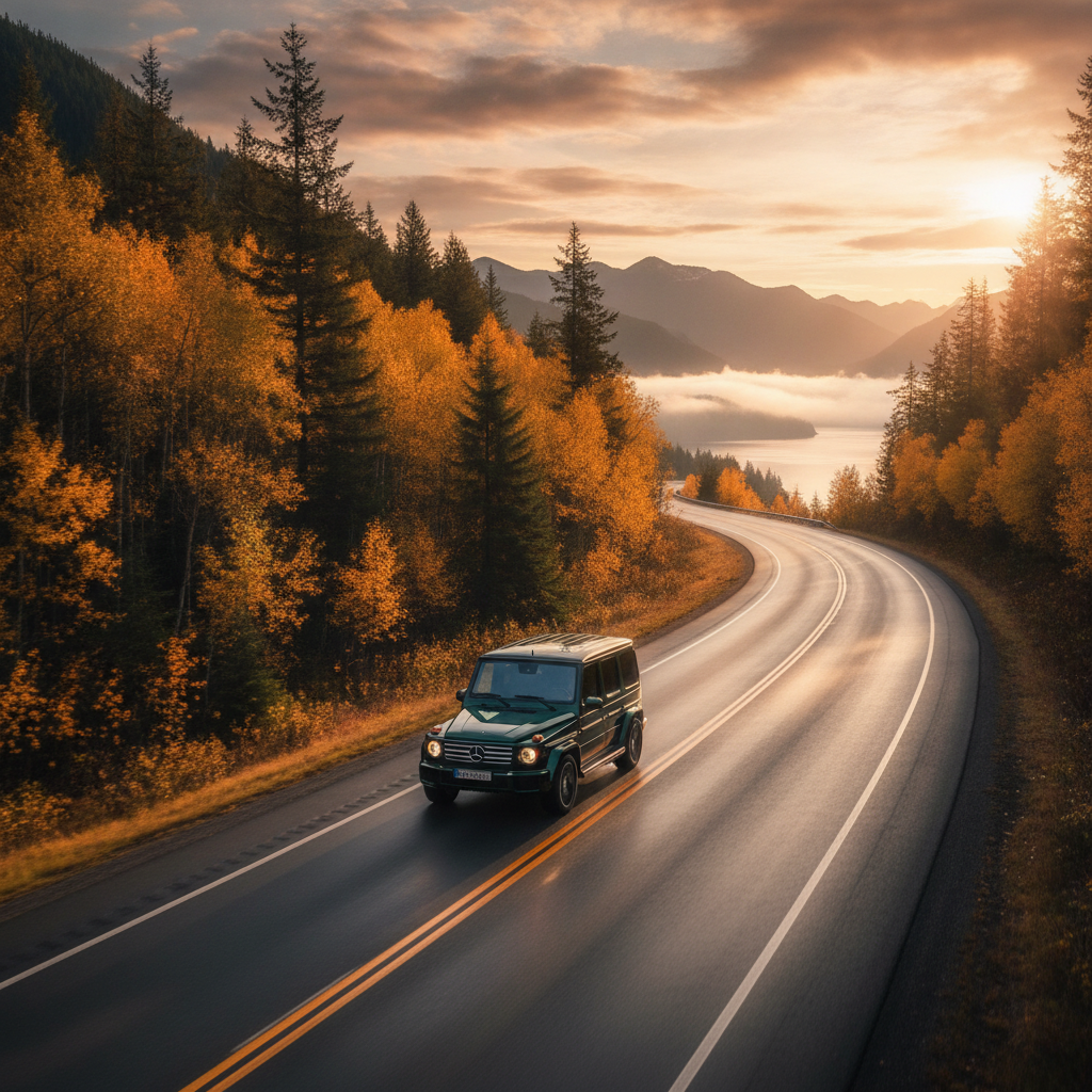 Mercedes G-Class driving the Sea-to-Sky Highway among golden autumn foliage at golden hour