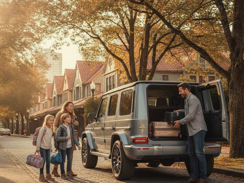 Family of four loading luggage into a Mercedes G-Class on a sunny Vancouver street with children and duffel bags