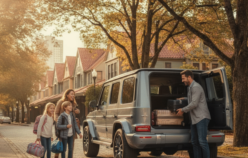 Family of four loading luggage into a Mercedes G-Class on a sunny Vancouver street with children and duffel bags
