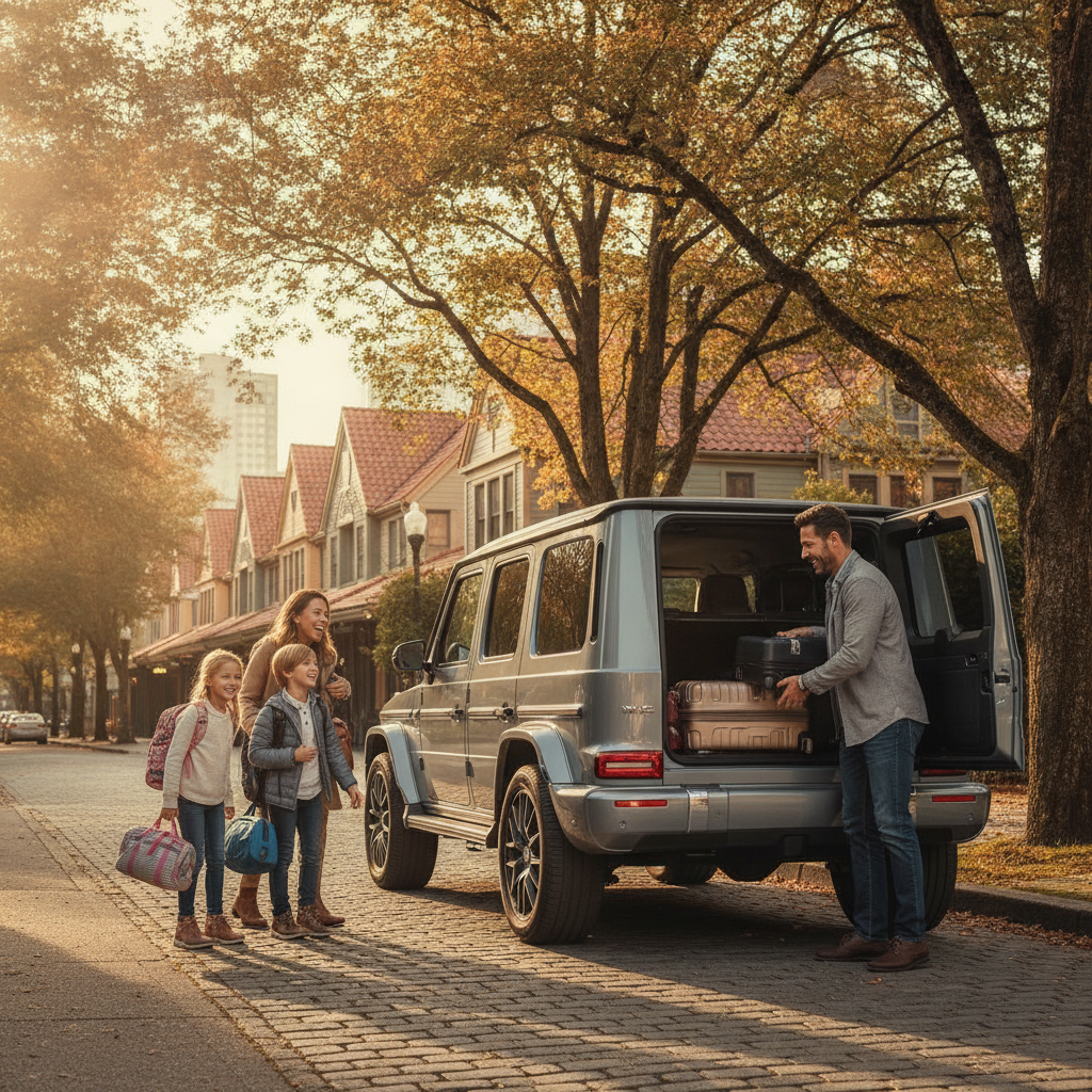 Family of four loading luggage into a Mercedes G-Class on a sunny Vancouver street with children and duffel bags