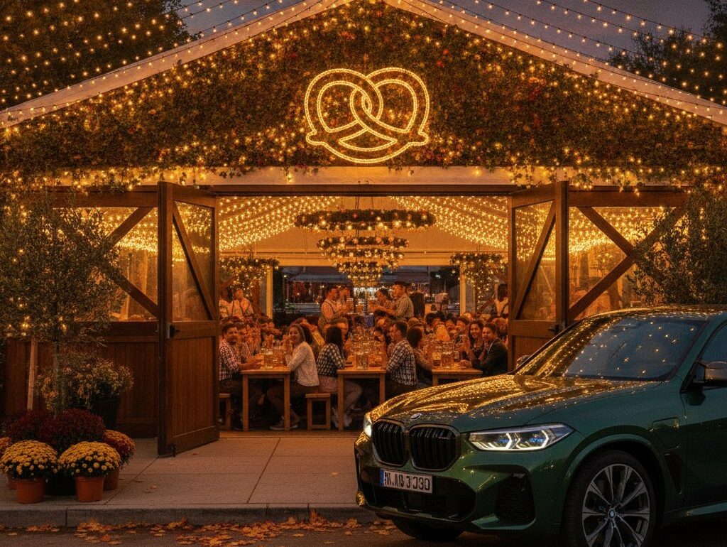 BMW XM parked outside a glowing Oktoberfest festival tent in autumn