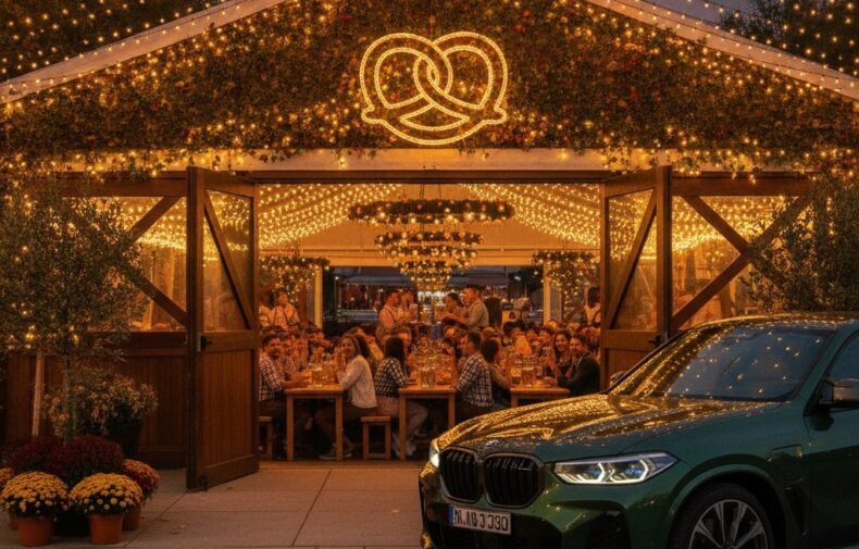 BMW XM parked outside a glowing Oktoberfest festival tent in autumn
