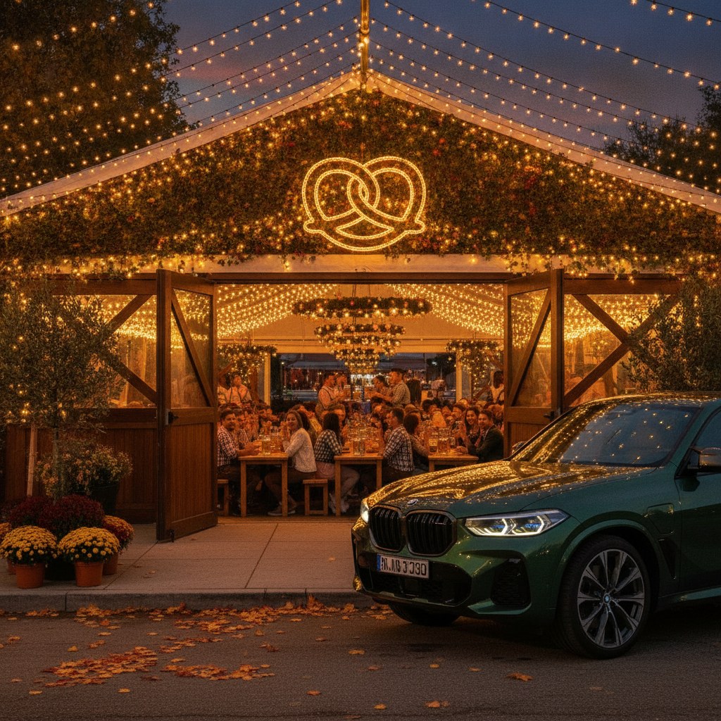 BMW XM parked outside a glowing Oktoberfest festival tent in autumn