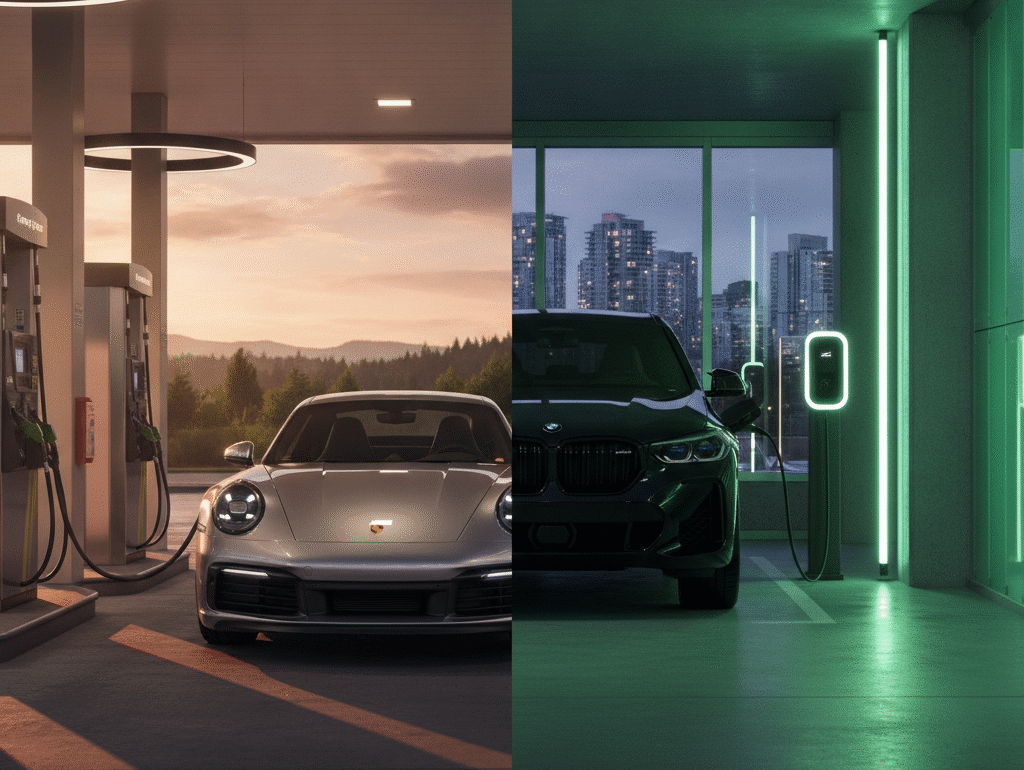 Porsche 911 at a gas station beside a BMW XM charging at an EV charger in Vancouver