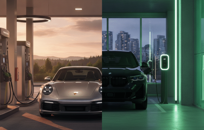 Porsche 911 at a gas station beside a BMW XM charging at an EV charger in Vancouver