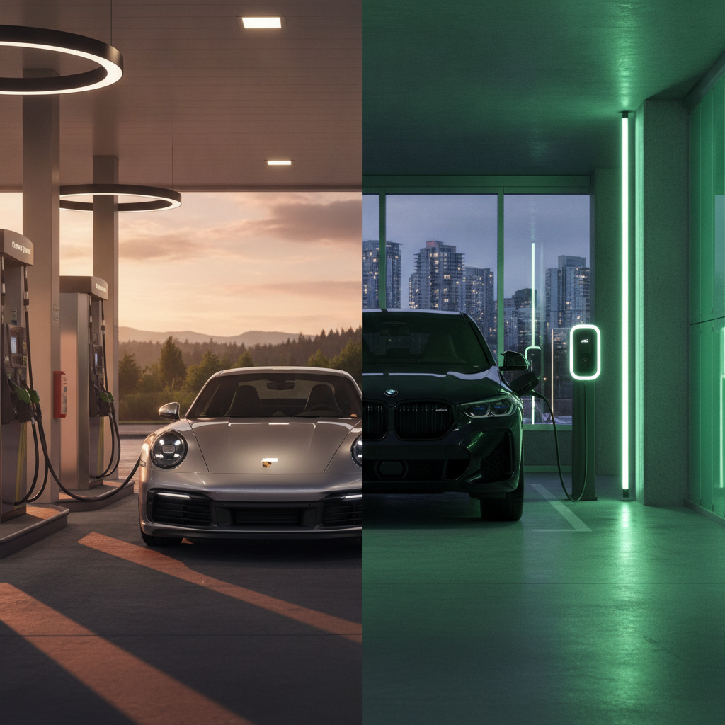 Porsche 911 at a gas station beside a BMW XM charging at an EV charger in Vancouver