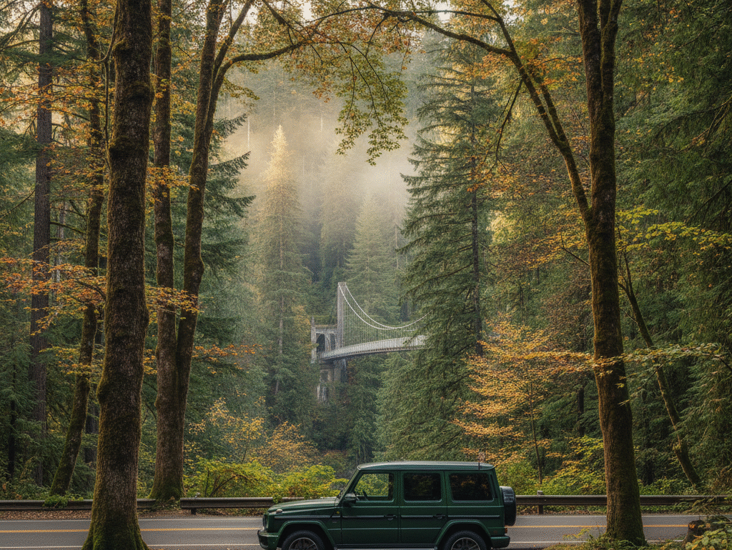 Mercedes G-Class parked in the tree-shaded lot near Capilano Suspension Bridge Park with the bridge in the misty canyon behind