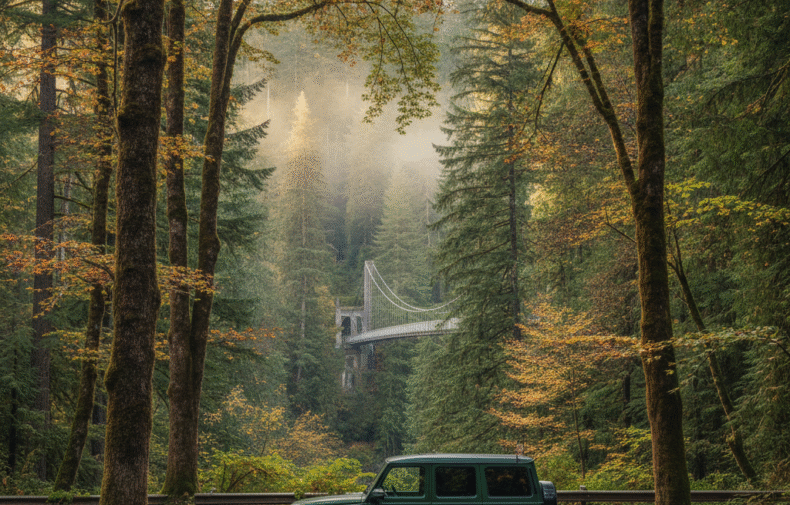 Mercedes G-Class parked in the tree-shaded lot near Capilano Suspension Bridge Park with the bridge in the misty canyon behind