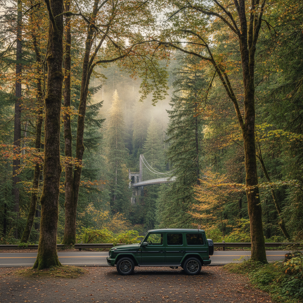 Mercedes G-Class parked in the tree-shaded lot near Capilano Suspension Bridge Park with the bridge in the misty canyon behind