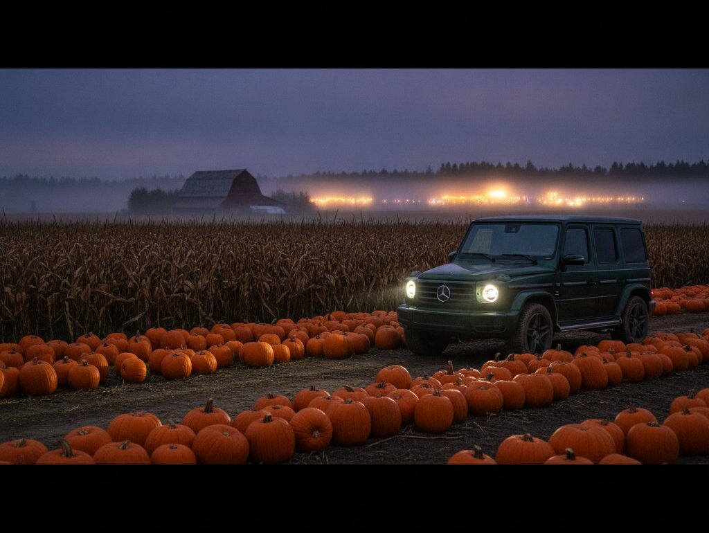 Mercedes G-Class with headlights on parked at a pumpkin patch at dusk with a corn maze and distant carnival lights