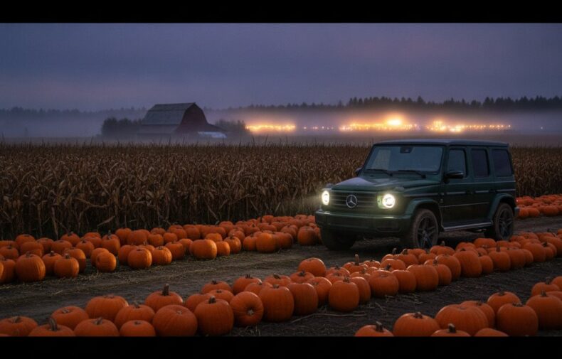 Mercedes G-Class with headlights on parked at a pumpkin patch at dusk with a corn maze and distant carnival lights