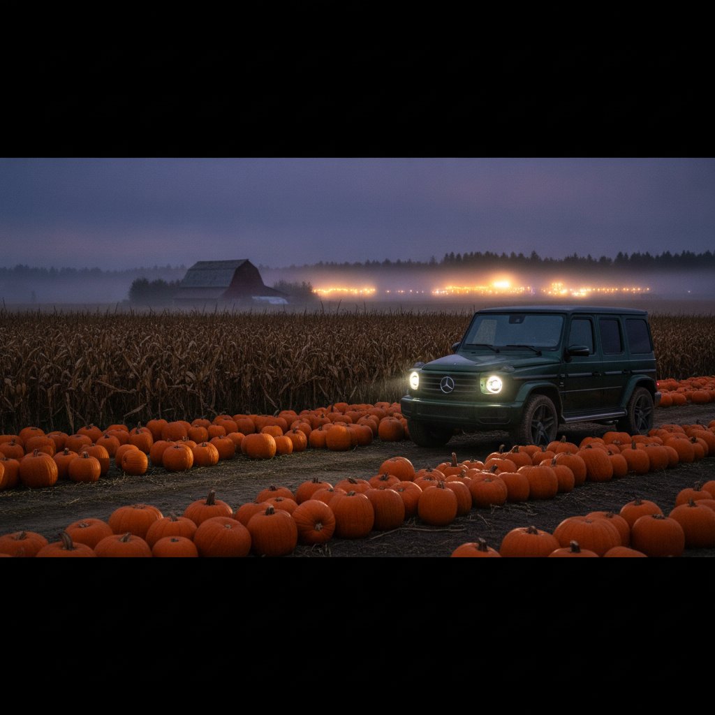 Mercedes G-Class with headlights on parked at a pumpkin patch at dusk with a corn maze and distant carnival lights