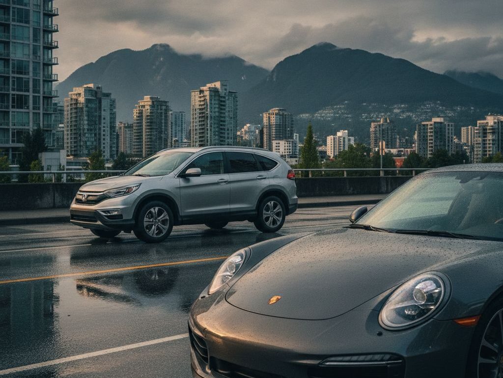 Silver compact crossover parked on a rainy Vancouver street beside a dark grey Porsche 911 at golden hour