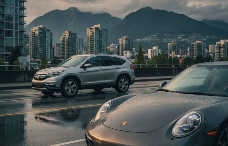 Silver compact crossover parked on a rainy Vancouver street beside a dark grey Porsche 911 at golden hour