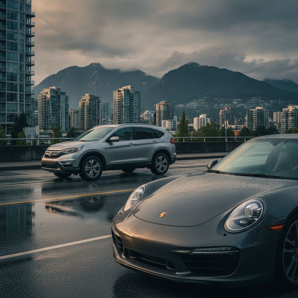 Silver compact crossover parked on a rainy Vancouver street beside a dark grey Porsche 911 at golden hour