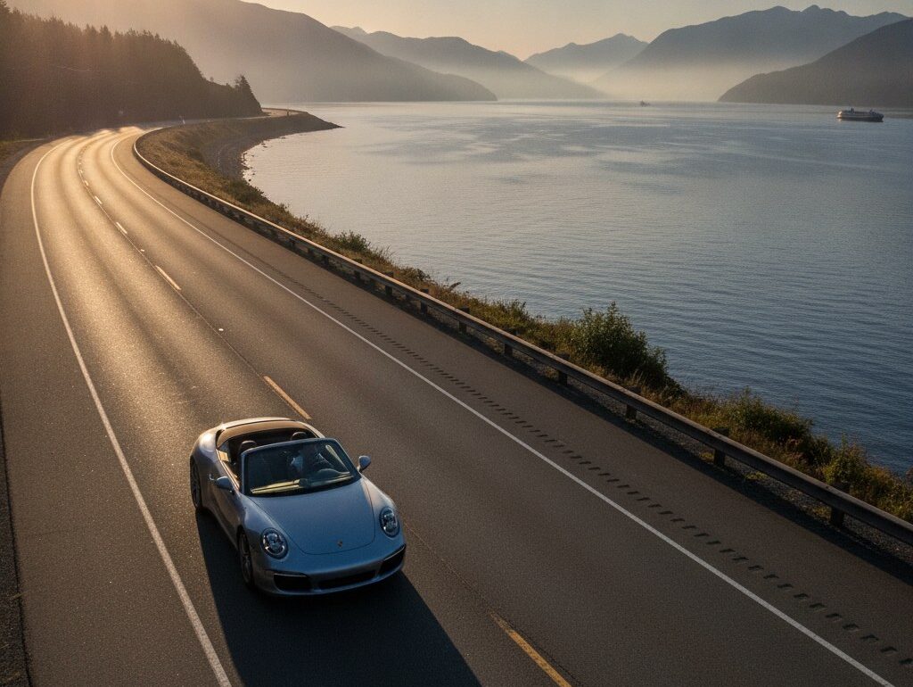 Porsche 911 with the top down on an empty Sea-to-Sky Highway at sunrise with Howe Sound below