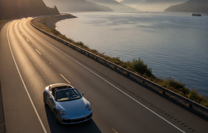 Porsche 911 with the top down on an empty Sea-to-Sky Highway at sunrise with Howe Sound below
