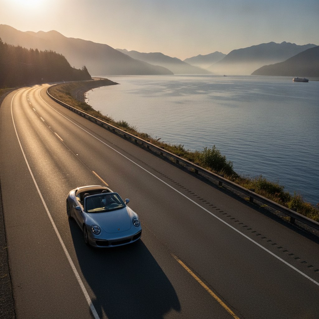 Porsche 911 with the top down on an empty Sea-to-Sky Highway at sunrise with Howe Sound below