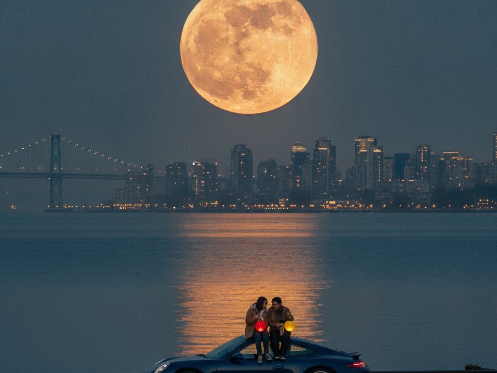 Couple with paper lanterns sitting on a Porsche 911 hood watching the full moon rise over English Bay