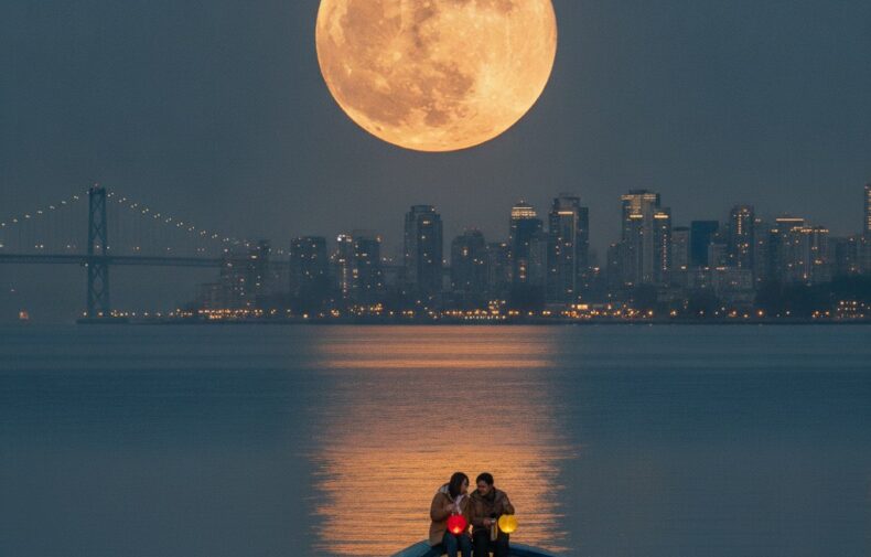 Couple with paper lanterns sitting on a Porsche 911 hood watching the full moon rise over English Bay