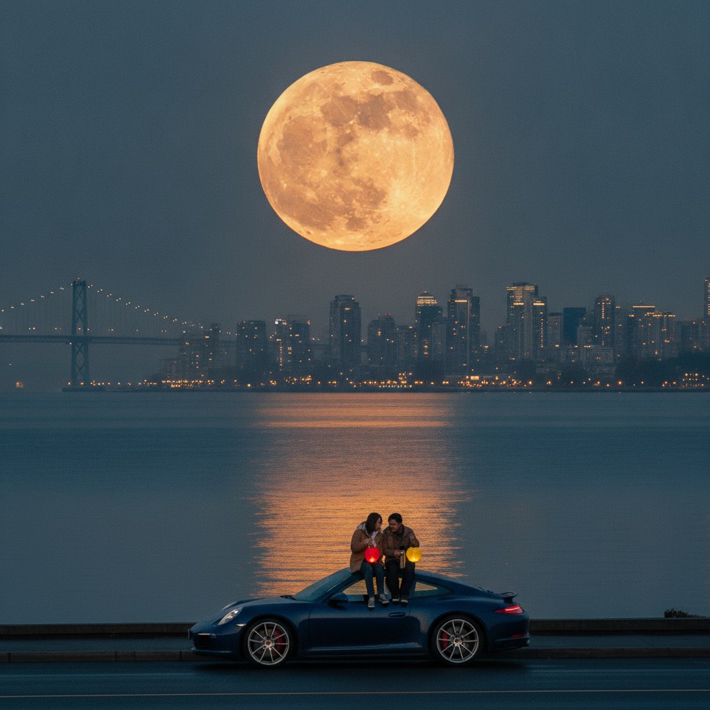 Couple with paper lanterns sitting on a Porsche 911 hood watching the full moon rise over English Bay