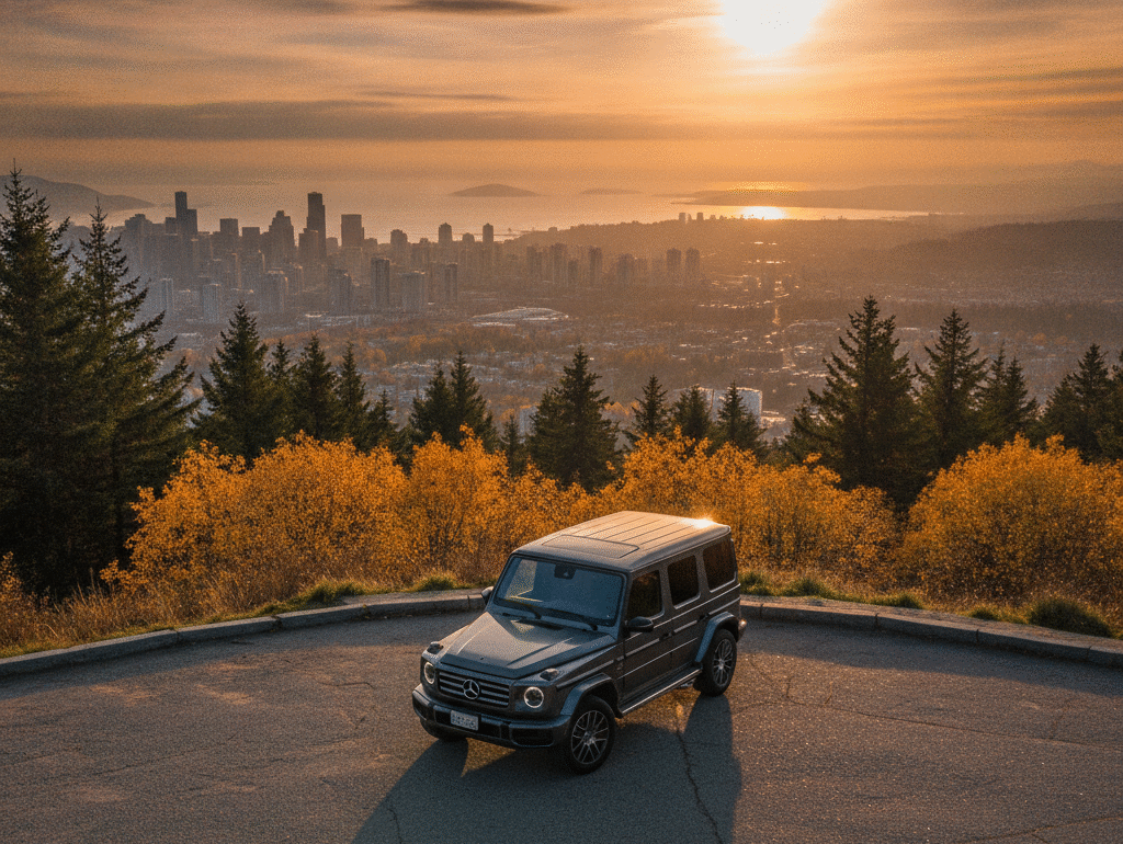 Mercedes G-Class parked at a Cypress Mountain lookout with the Vancouver skyline below at golden hour