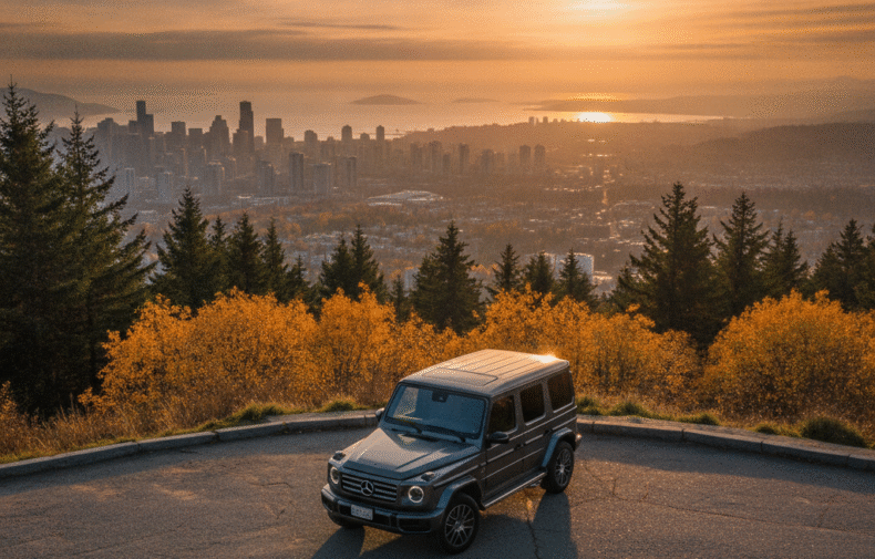 Mercedes G-Class parked at a Cypress Mountain lookout with the Vancouver skyline below at golden hour