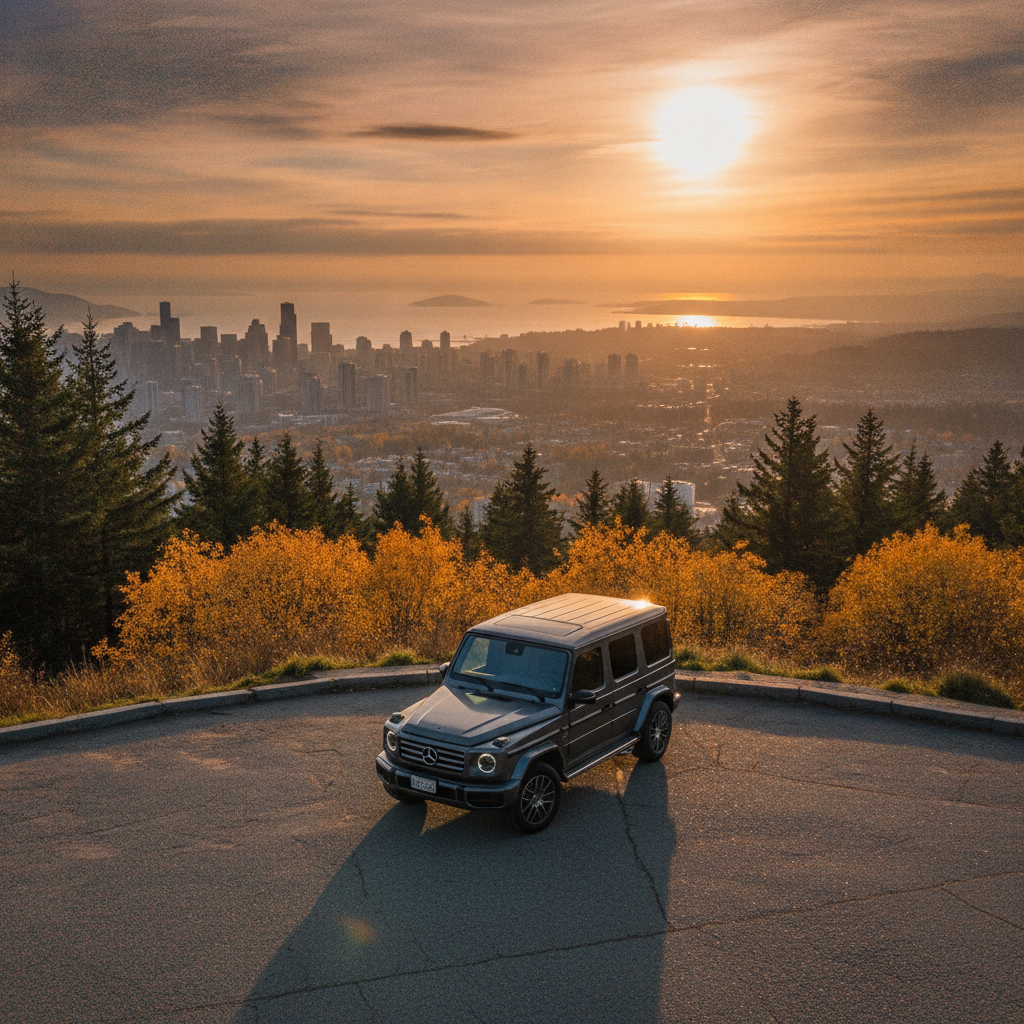 Mercedes G-Class parked at a Cypress Mountain lookout with the Vancouver skyline below at golden hour
