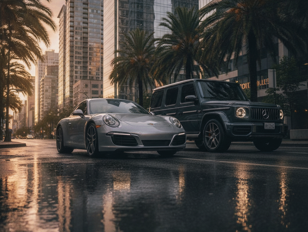 Porsche 911 Carrera and Mercedes G-Class parked side by side on a downtown Vancouver street at golden hour