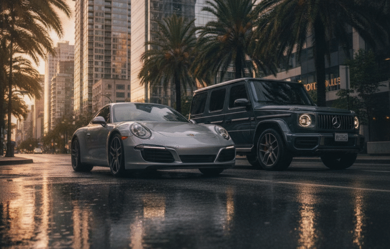 Porsche 911 Carrera and Mercedes G-Class parked side by side on a downtown Vancouver street at golden hour