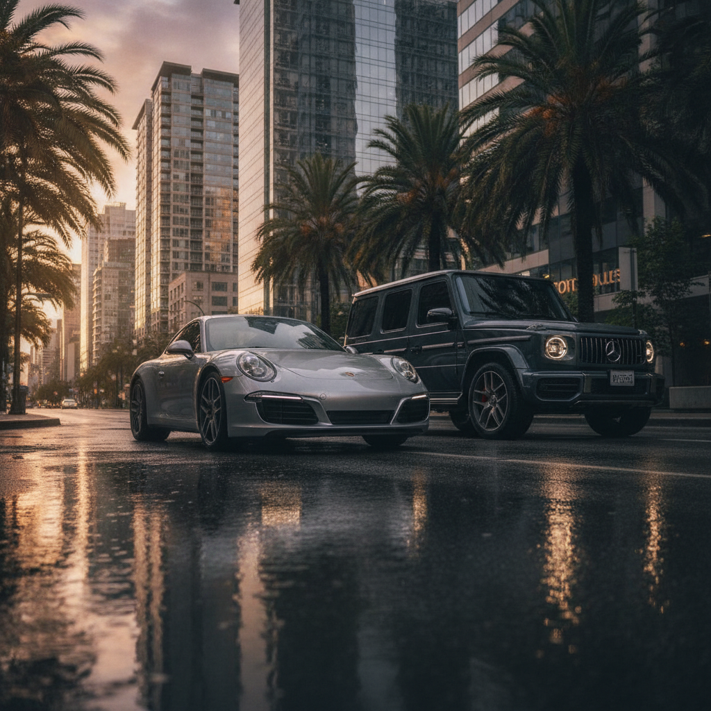 Porsche 911 Carrera and Mercedes G-Class parked side by side on a downtown Vancouver street at golden hour
