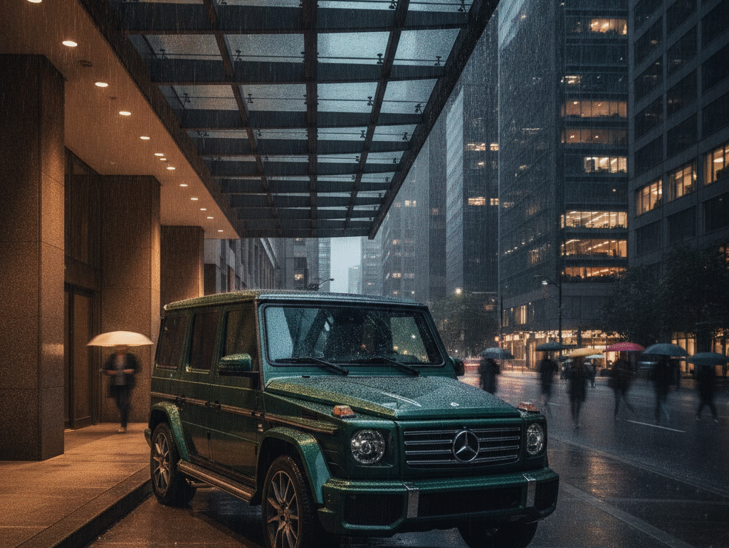 Mercedes G-Class waiting under a hotel canopy on a rainy downtown Vancouver evening with umbrella pedestrians